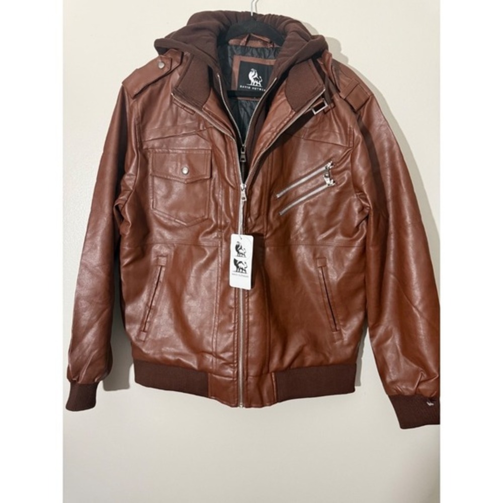 David Outwear Faux Leather Jacket Hooded Full Zip Brown Bomber‎ Size L